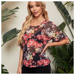 SHEIN Emery Rose Floral Print Flutter Sleeve Sheer Mesh Top Without Bra